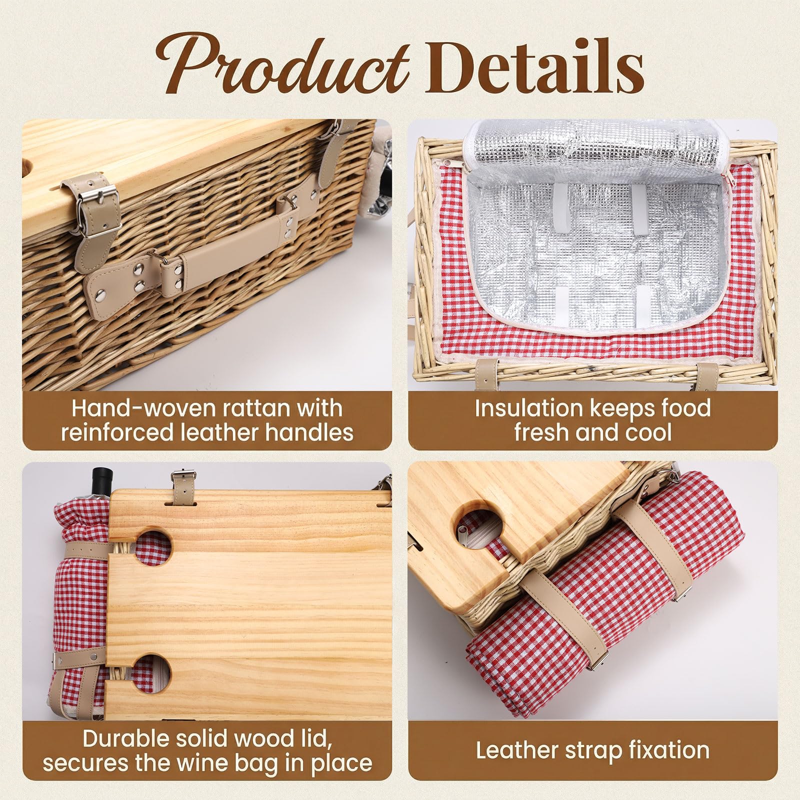 Juego de cesta de picnic de mimbre para 4 personas con mesa desmontable, bolsa de utensilios, forro aislante y manta impermeable, cesta de picnic de sauce para camping, al aire libre, parejas, regalos