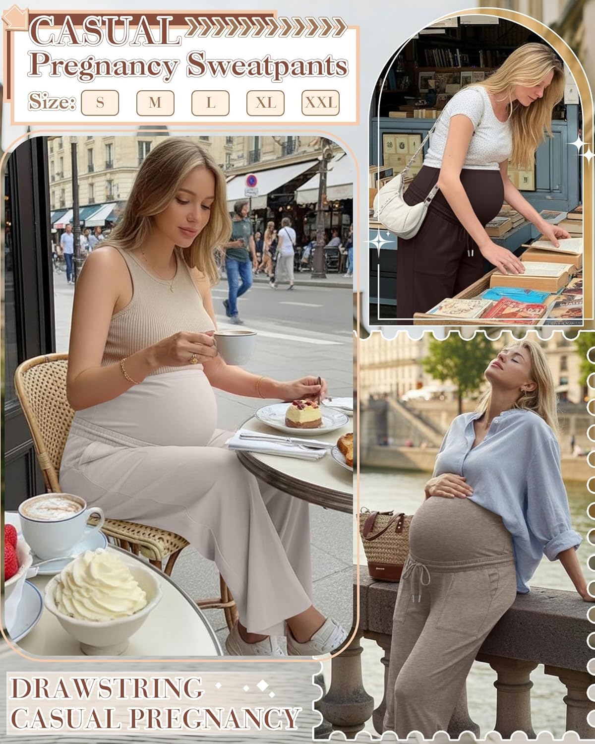 3 Pack Women's Maternity Pants Wide Leg Lounge Over The Belly Loose Drawstring Casual Pregnancy Pants with Pockets - Image 2