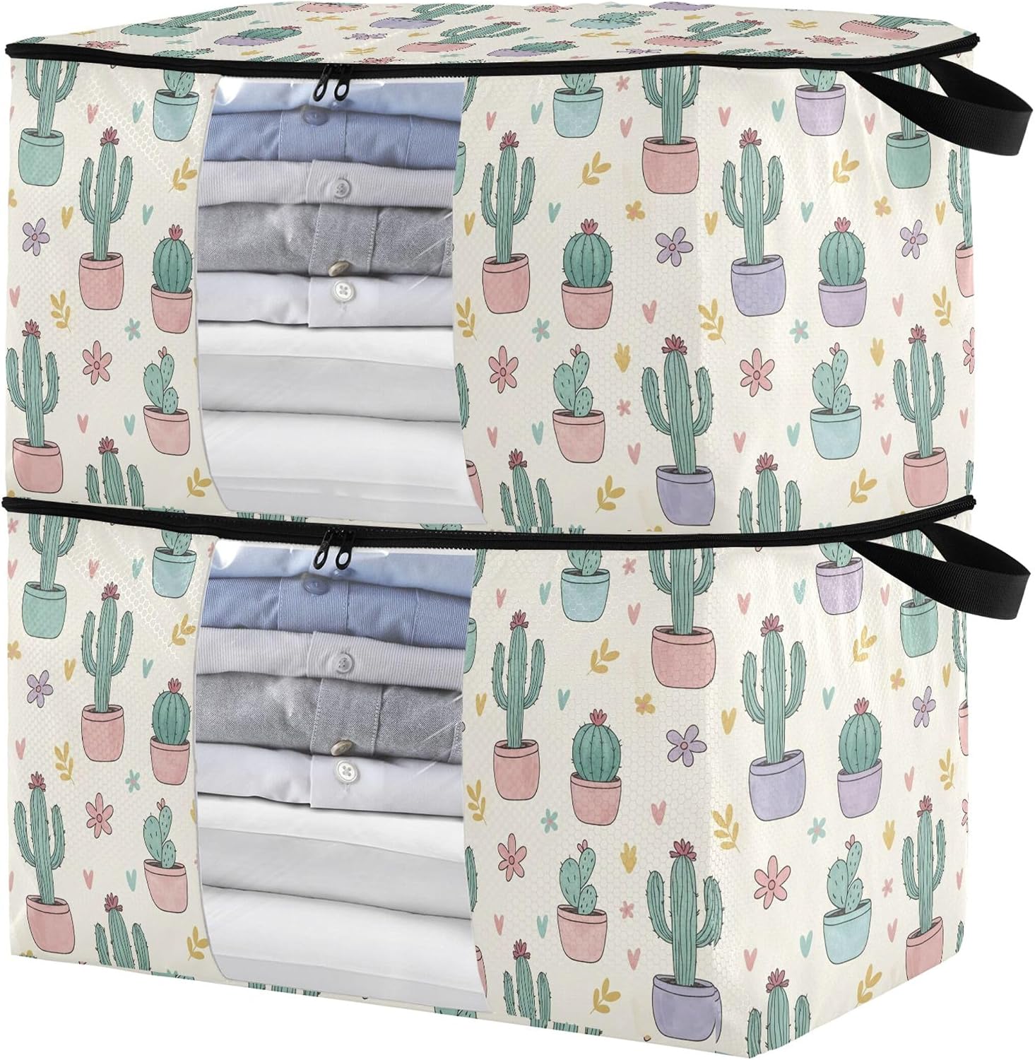 Burbuja 2 Pack Storage Bag Organizer with Handles for Clothes, Blankets, Bedding, Cactus Foldable Storage Bag with Zipper & Clear Window, 95L
