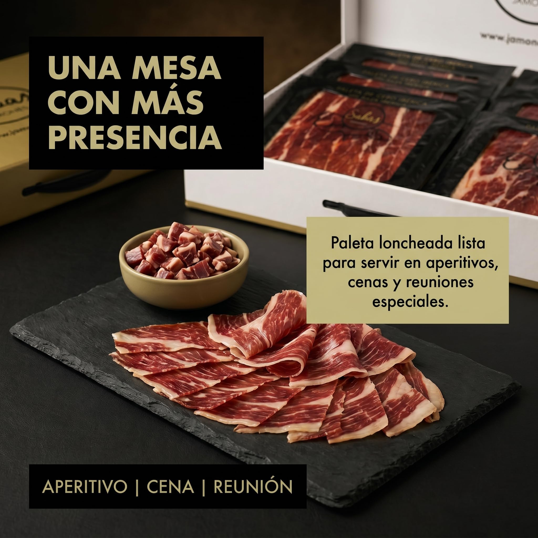 SABE A SABAS Cesta Paleta Gran Reserva Duroc 50% Cortada a Cuchillo 10 Sobres 100g con 2 Taquitos 100g Estuche Gourmet Regalo Jamon Curado Loncheado Tabla Aperitivo Navidad Evento Familiar