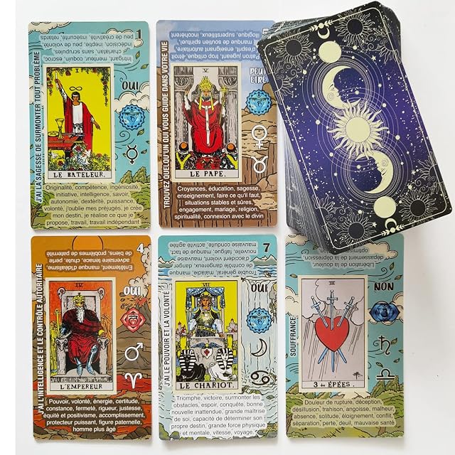 Cartas de Tarot - Cartas Tarot Principiantes Español - No Necesita Libro Guía - Baraja de Aprendizaje de Lectura Fácil y Rápida con Significados Escritos - Horoscopos, Planetas y Chakras (Frances)
