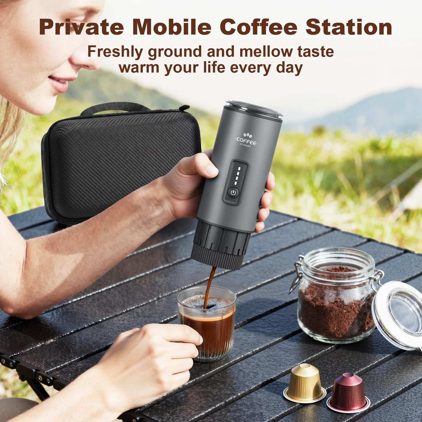 Cafetera portátil, juego de máquina de café espresso eléctrica 3 en 1, cafetera recargable de autocalentamiento con bolsa de transporte y soporte de café para oficina, camping, senderismo