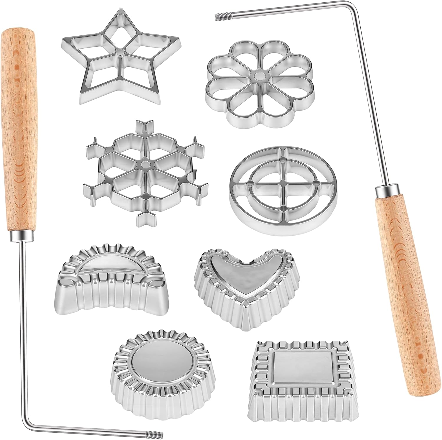 Rosette Maker with 8 Heads Bunuelos Mold with 2 Handle Waffle Cooking Stamp Cookie Press Mold for Kitchen Baking Funnel Cake Mould Star Flower Circle Heart Hexagon Square 10 Pieces