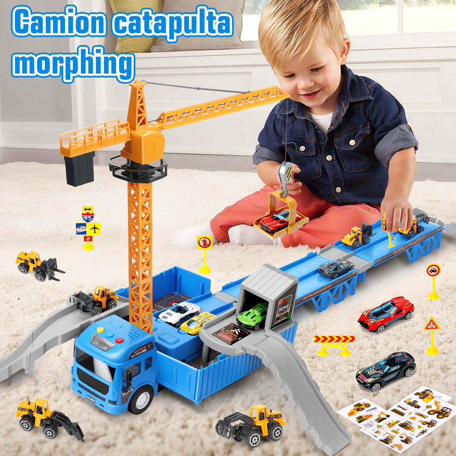 Charmofun Camion Cantiere Giocattolo per Bambini, Camion Set Veicoli da Cantiere con Musica, Luci, Doppia Pista e Torre Gru, Incluse Bulldozer, Trattore, Carrello Elevatore, Rullo, Regalo per 3+ Anni