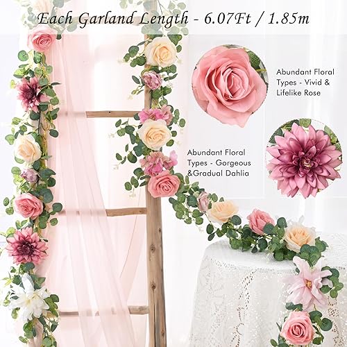 Miniatura 2 de Waipfaru 2 guirnaldas de flores artificiales de 6.07 pies, guirnalda de eucalipto con flores, guirnalda de rosas rosas rosas para bodas, caminos de
