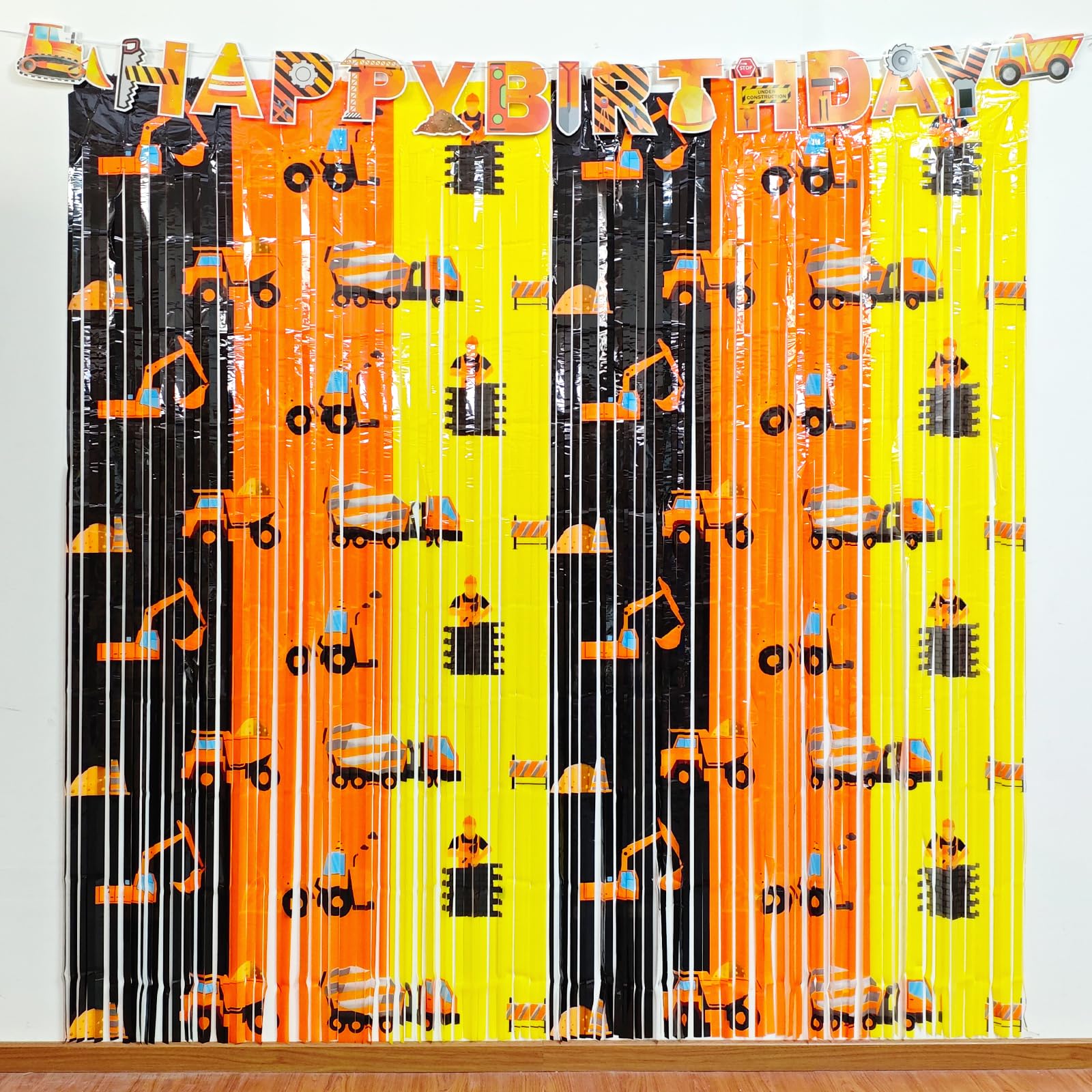 Caisehabu Construction Birthday Party Fringe Curtains Decorations Supplies, 2 Pack 3.3 x 6.6ft Tinsel Foil Fringe Photo Backdrop,1 Pack Happy Birthday