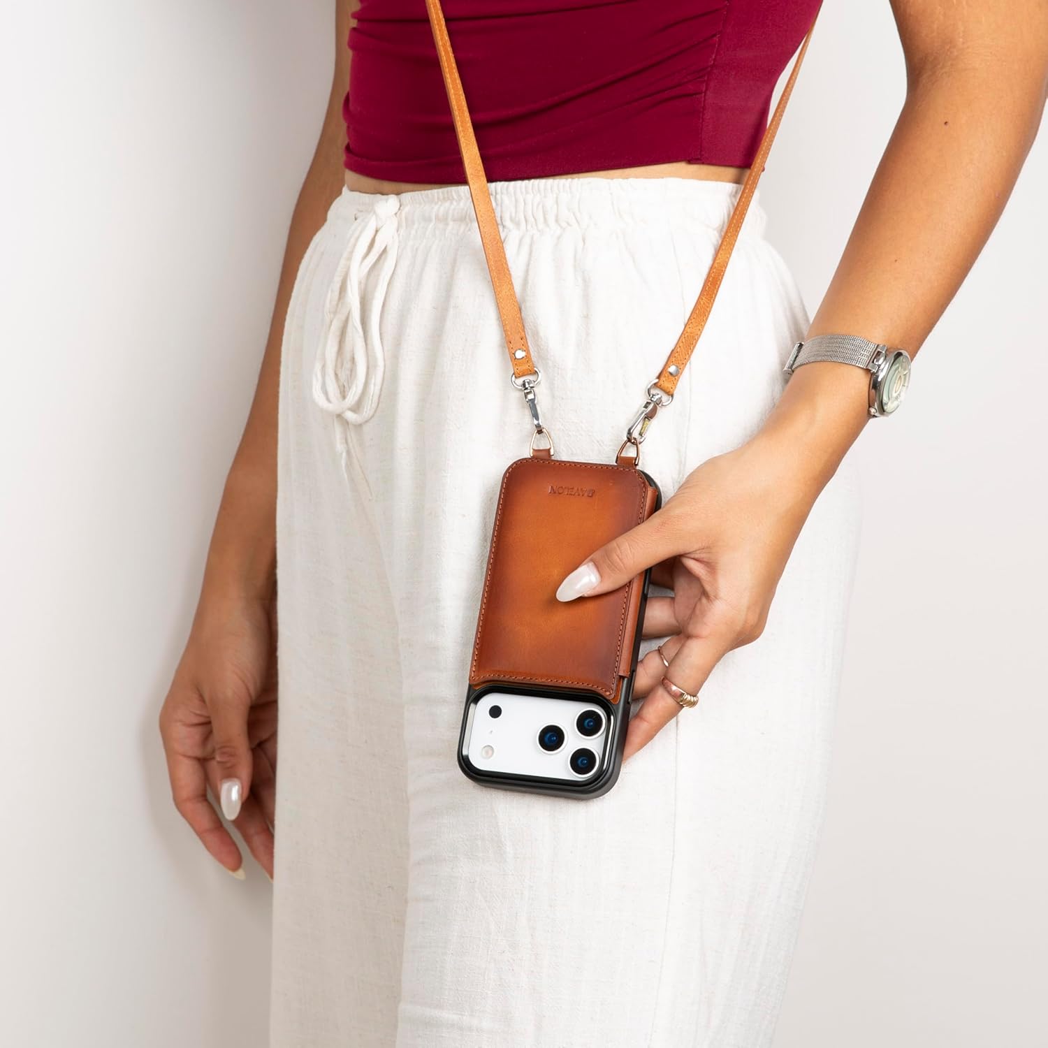 Bayelon Crossbody Case for iPhone 17 Pro Max, Full Grain Leather Crossbody Genuine Leather Wallet Phone Case with Strap, Card Holder, Shockproof Phone Lanyard, Gift for Women (Vintage Brown)