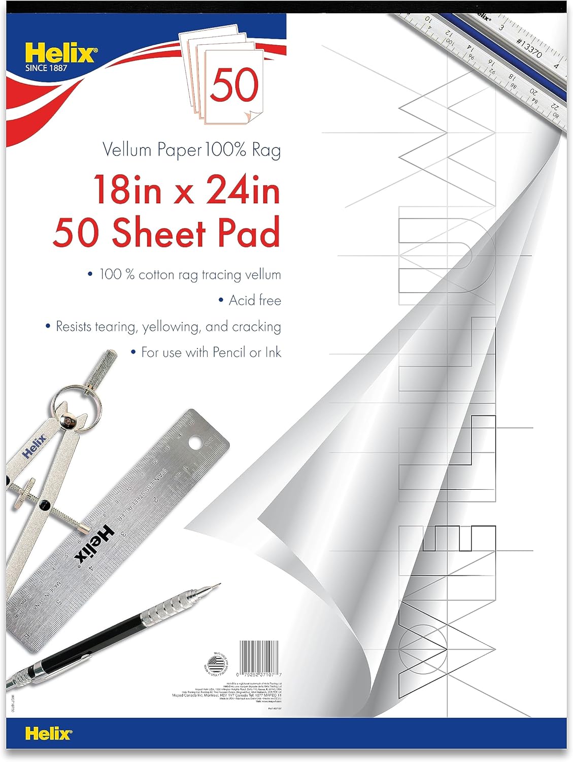 Maped - Helix 100% Rag Vellum Paper Pad 18x24 - Tracing Architectural Designs - 100% Rag Durability - Tear-resistant and Acid-Free - Large Creative Space, Smooth Texture
