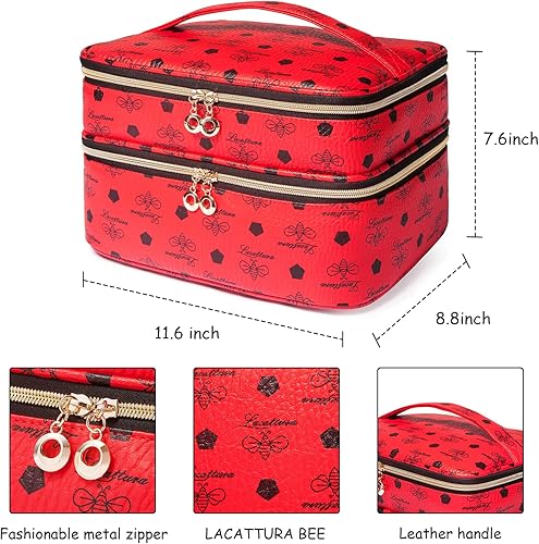 Miniatura 2 de LACATTURA Bolsa de maquillaje de viaje para mujer, bolsa de cosméticos de cuero, Rojo-L, Bolsa de maquillaje de doble capa
