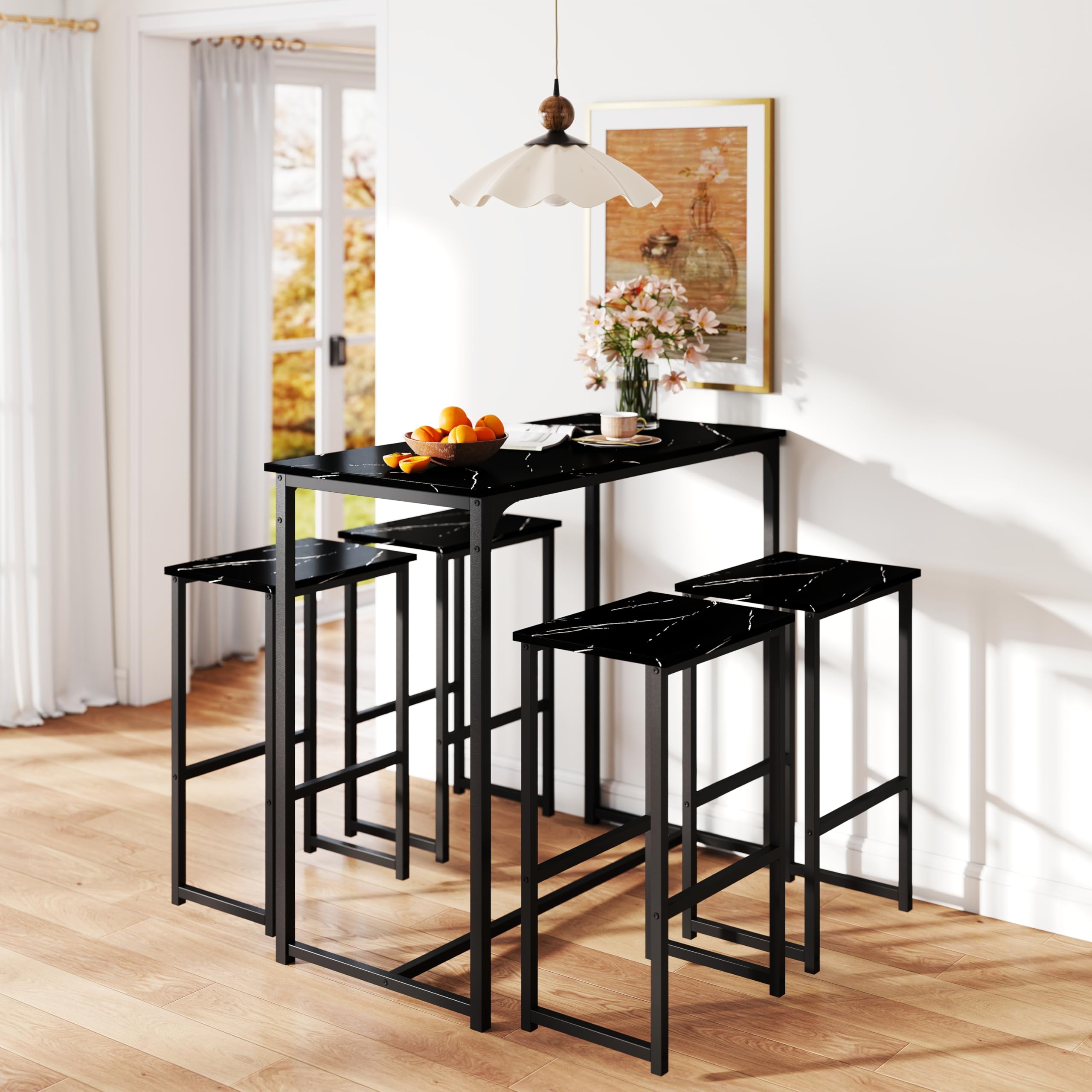 Mesa de Bar Alta Con 4 Taburetes, Juego de Comedor Para Cocina, Ahorra Espacio, Rincón Para Casa