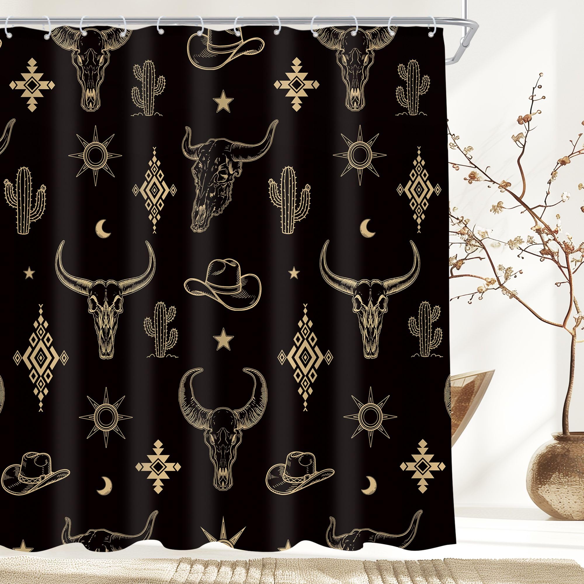 Cinbloo Western Country 72Wx72H Shower Curtain Southwest Aztec Cow Skull Cowboy Wrangler Desert Tribal Cactus Rustic Black and Gold Plants Bathroom Curtain Set Cool Bath Bathroom Accessories Decor — image 1