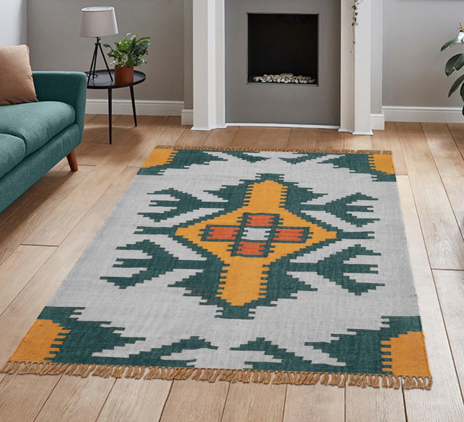 Kwadratowy geometryczny dywan Kilim 8 x 8 cm - żółty musztardowy i zielony geometryczny wełniany dywan jutowy ręcznie tkany płaski wełniany dywan jutowy do wewnątrz/na zewnątrz sypialni