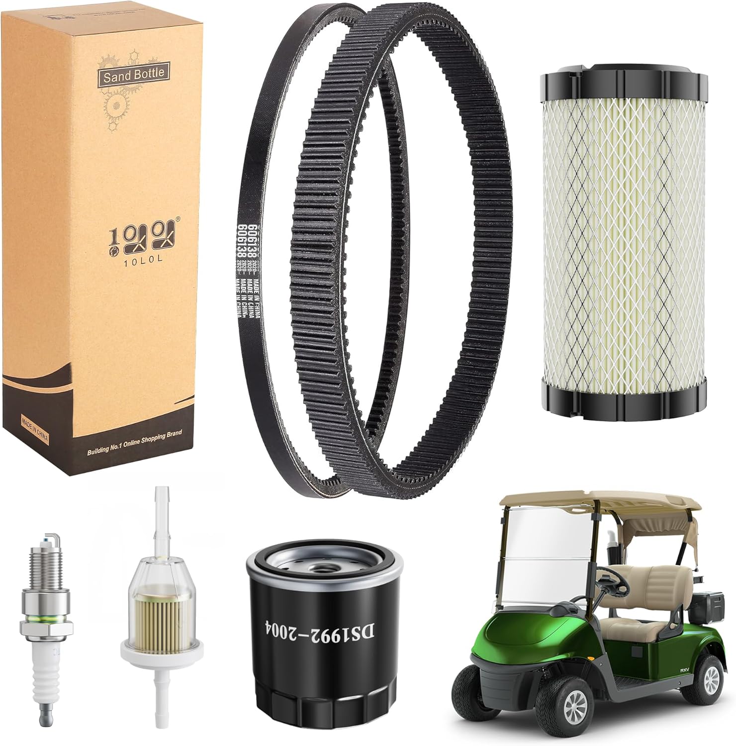 10L0L Golf Cart Tune Up Kit for EZGO TXT RXV 2008-2011 Gas Models with Kawasaki Motor, Repalce OEM Air Filter 28463G01, Drive Belt 618630, Starter Generator Belt 606138