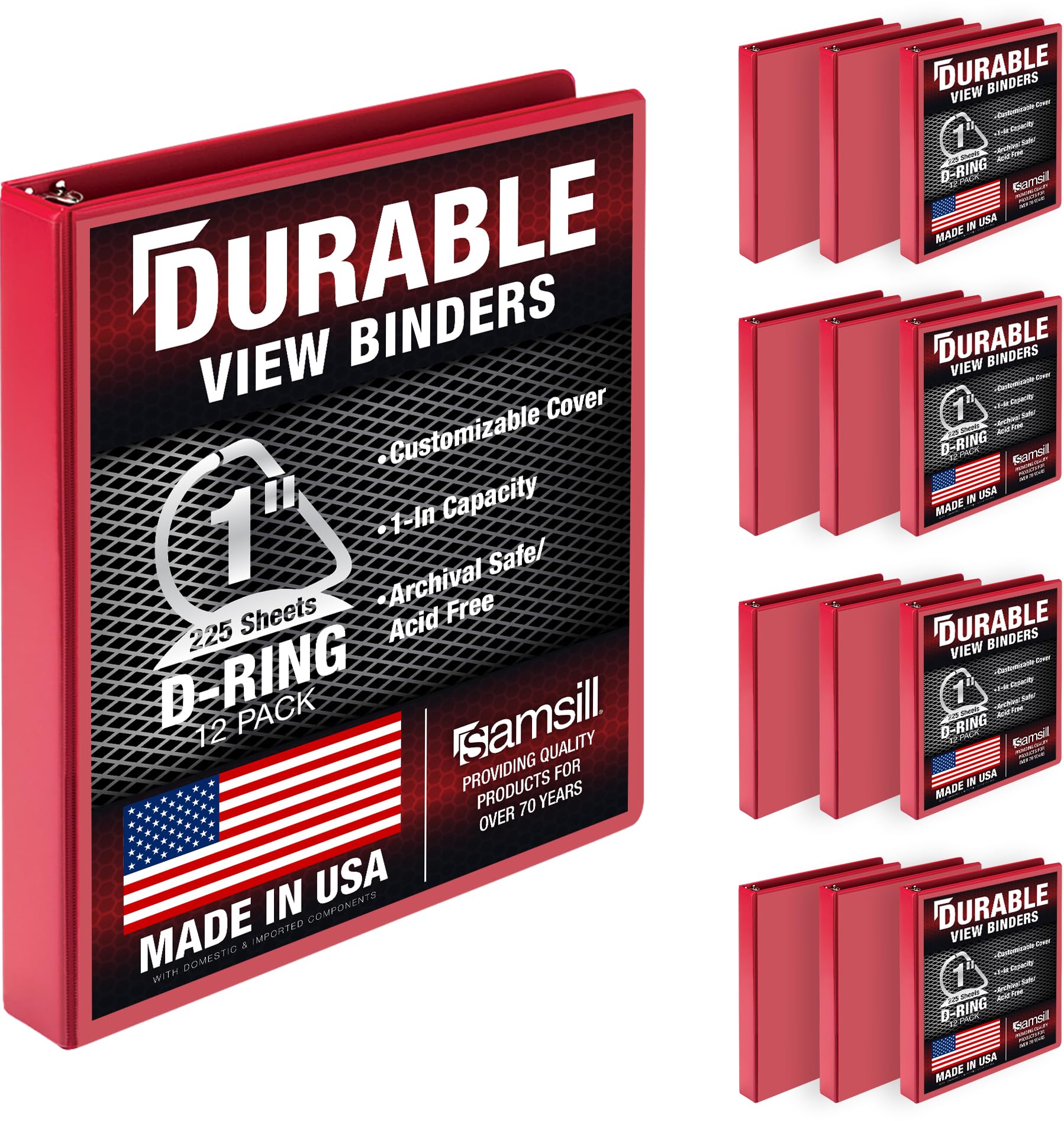 Samsill Durable 1 inch 3 Ring Binder, Made in USA, D Ring Binder, FSC 100% Recycled Chipboard, Red, 12 Pack โ image 1