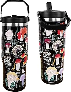 30 oz Mushroom Tumbler with Straw Handle, Black Mushroom Gifts for Women Men, Stainless Steel Insulated Water Bottle Coffee Cups for Home Office Travel