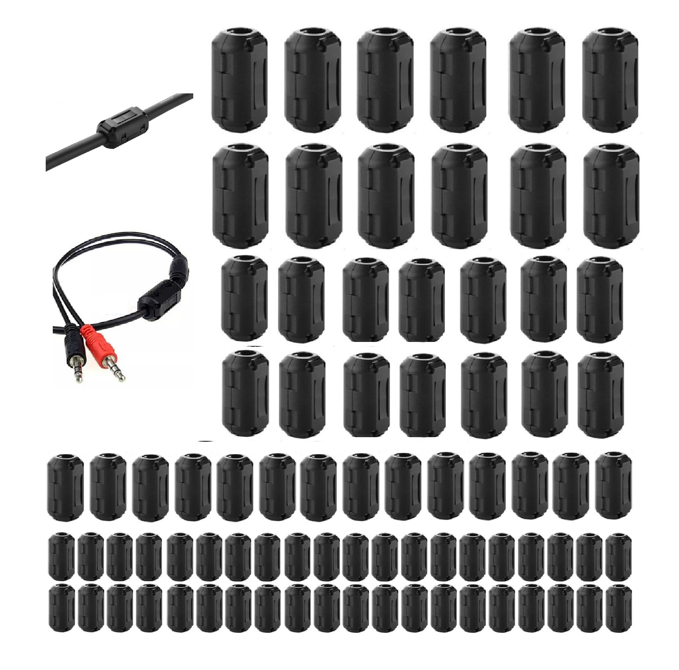 Klipsy ferrytowe EMI z pierścieniem ferrytowym RFI do kabla zasilającego 3 mm/5 mm/7 mm/9 mm/13 mm, czarne, 80 szt