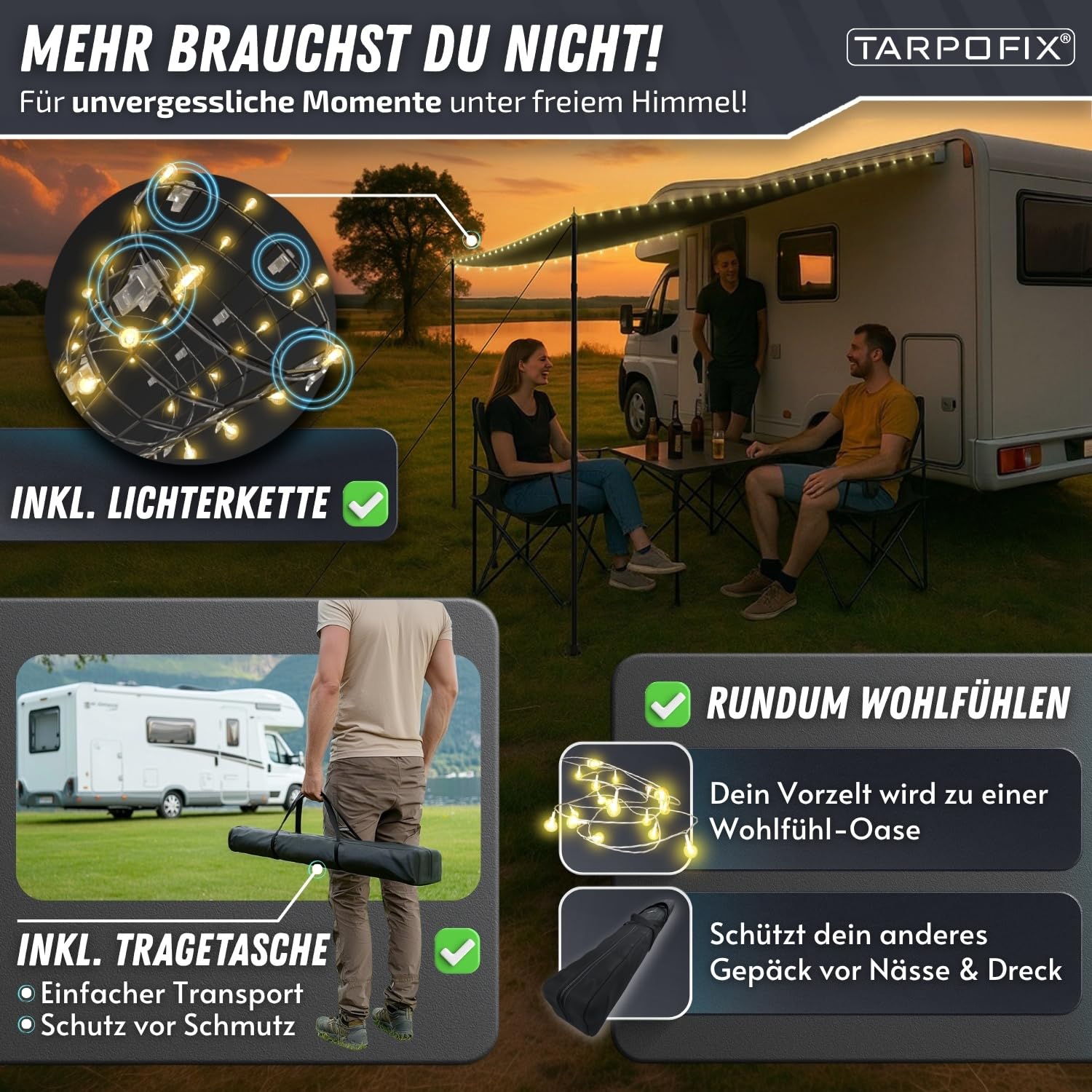 Tarpofix® Sonnensegel Wohnwagen 3 x 2,4 m Wasserabweisendes Sonnendach UV Schutz Camping Kederleiste Vorzelt Plane