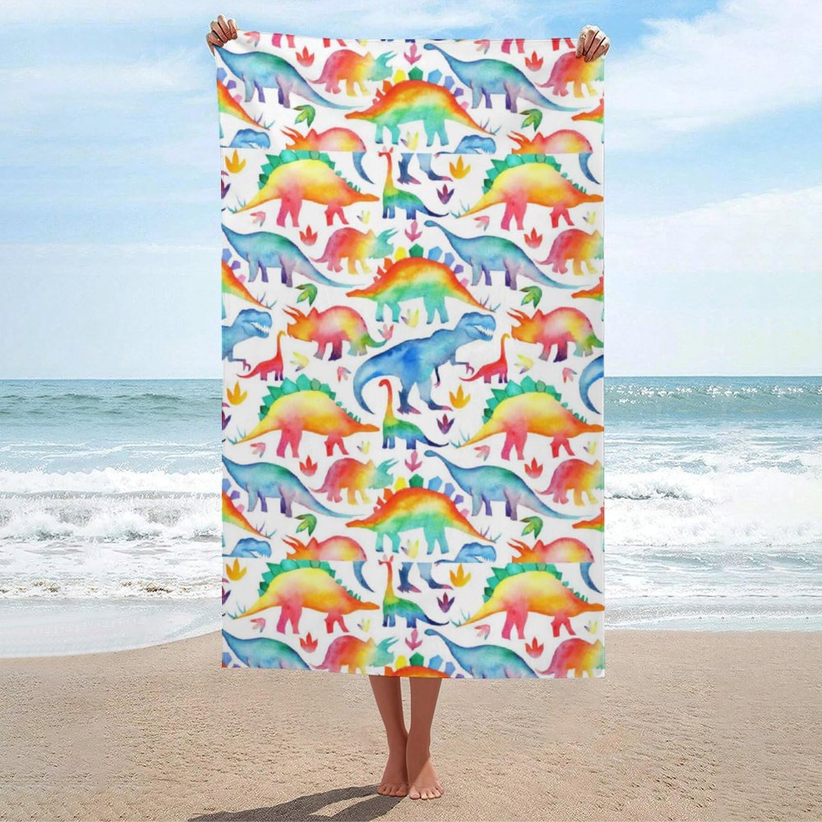 LEDFCVSU Beach Towel, Rainbow Dinosaur Bath Towel, Absorbent Towel for Swimming, Sports, Travel