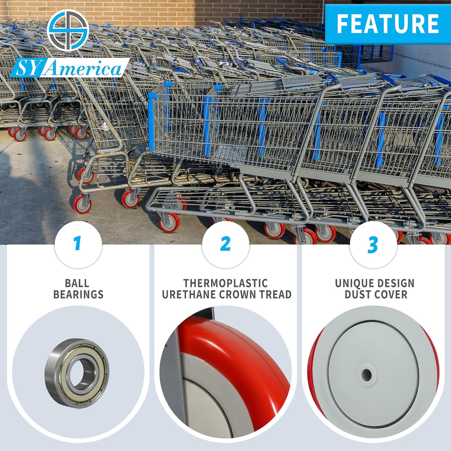SY America 5" Shopping Cart Replacement Wheels,Stem Casters Swivel Casters Set of 4 Heavy Duty Castors,Load Capacity 1400 lbs (Red)