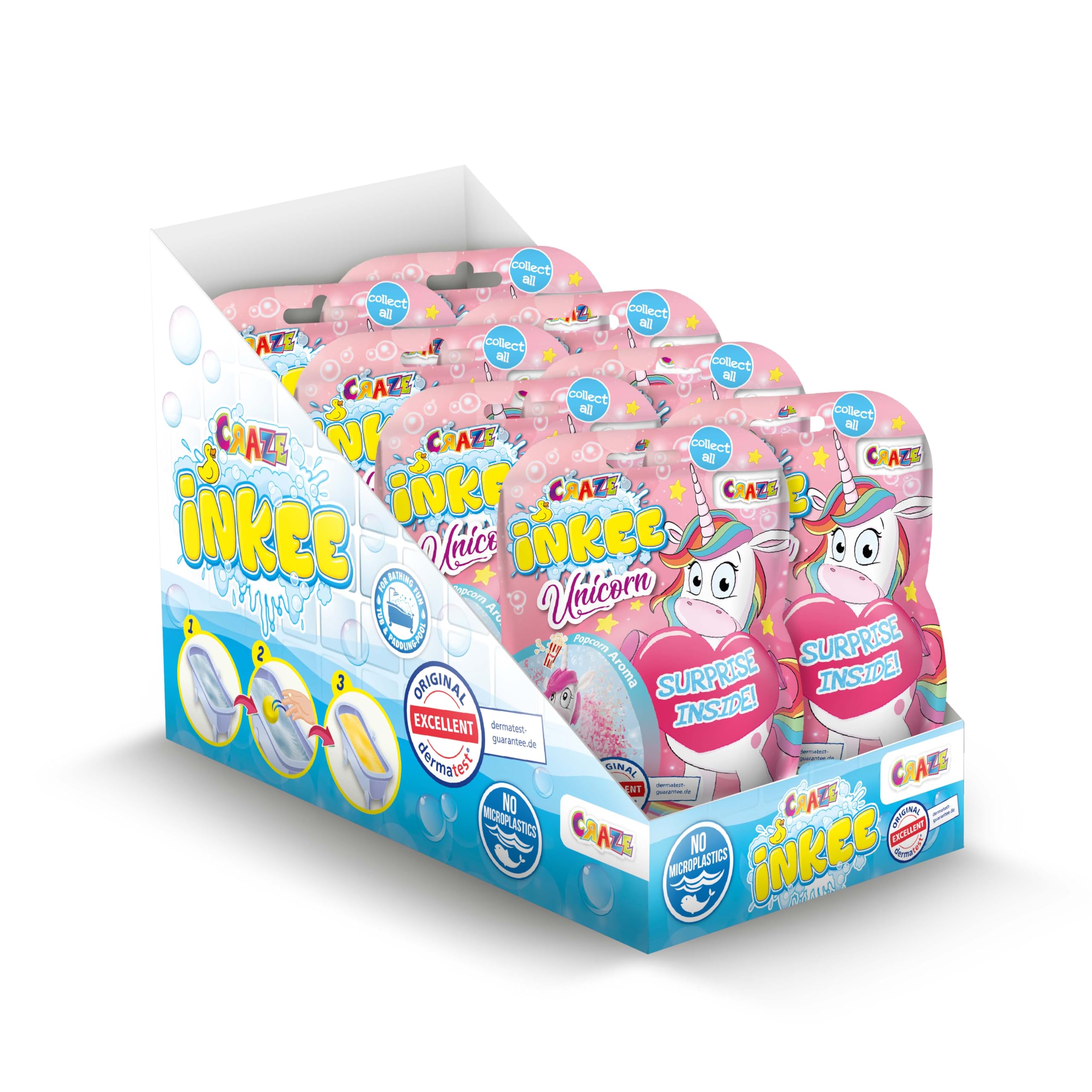 INKEE Kids Bath Bomb Set – 8 x 100g Unicorn Bath Bombs with Popcorn Fragrance and Surprise Bath Toys – Bath Time Fun for Children Age 3+, Suitable Gift for Girls and Boys
