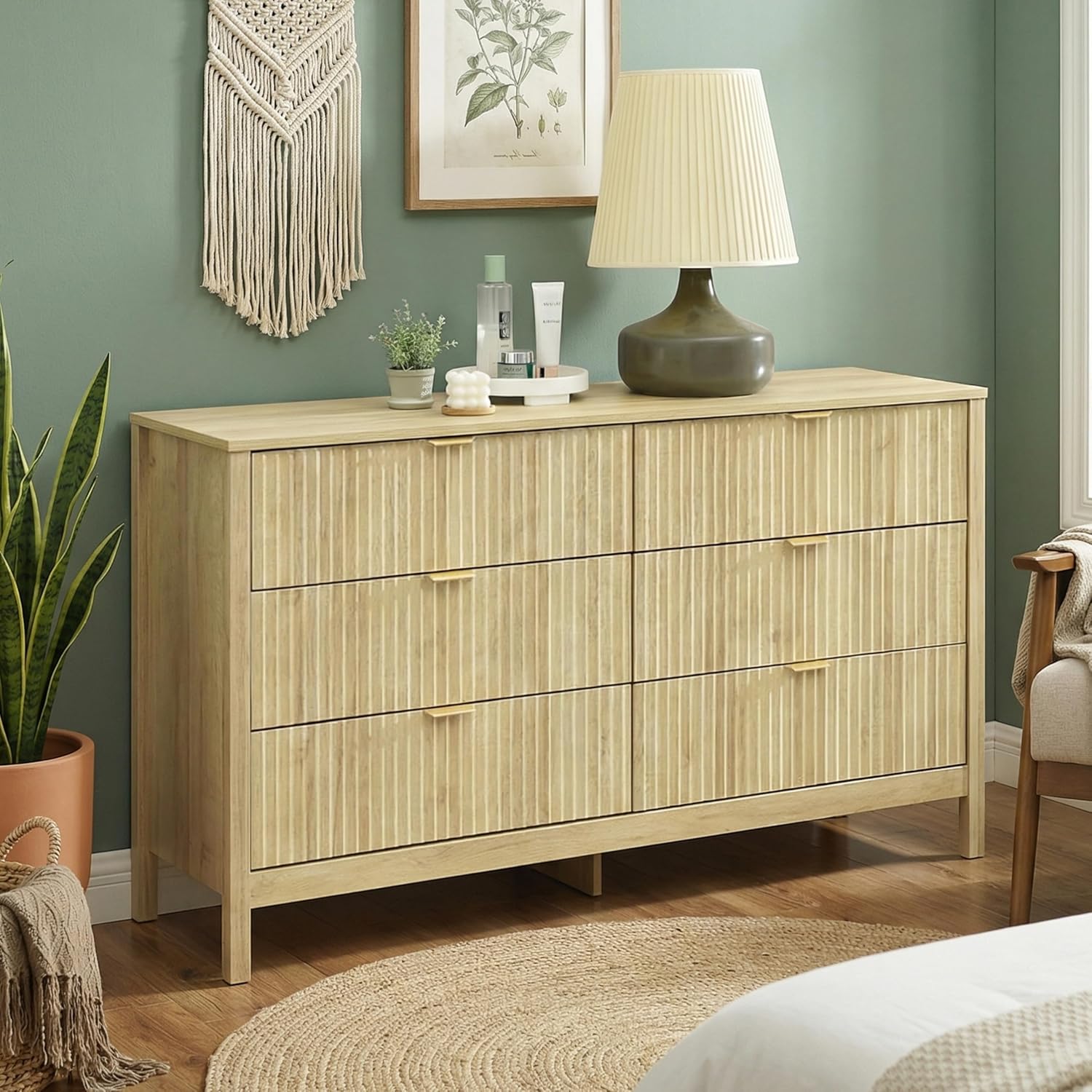 ELISA HOME Lagoon 6 Drawer Dresser for Bedroom, 54" W Modern Wide Chest of Drawers, Wood Storage Organizer for Clothes, Entryway, Hallway, Nursery or Living Room, Beige