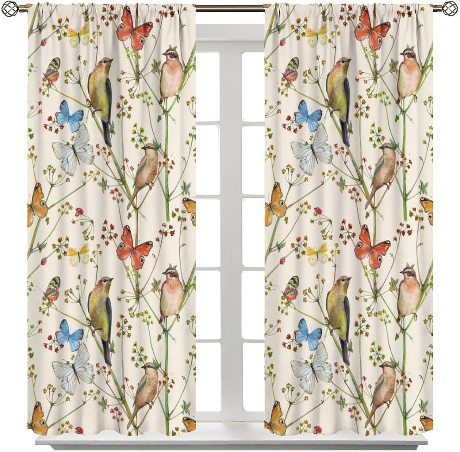 Bohemian Bird Curtains, Retro Rustic Colorful Art Watercolor Plants Butterfly Moth Animal Seamless Pattern Window Treatments, Blackout Rod Pocket Drapes For Living Room Bedroom Bathroom 42x45in