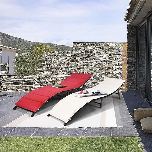 Miniatura 2 de RELAX4LIFE Sillas de descanso para exteriores, juego de tumbonas de mimbre portátil con cojín, ratán de polietileno y marco de metal, tumbona al