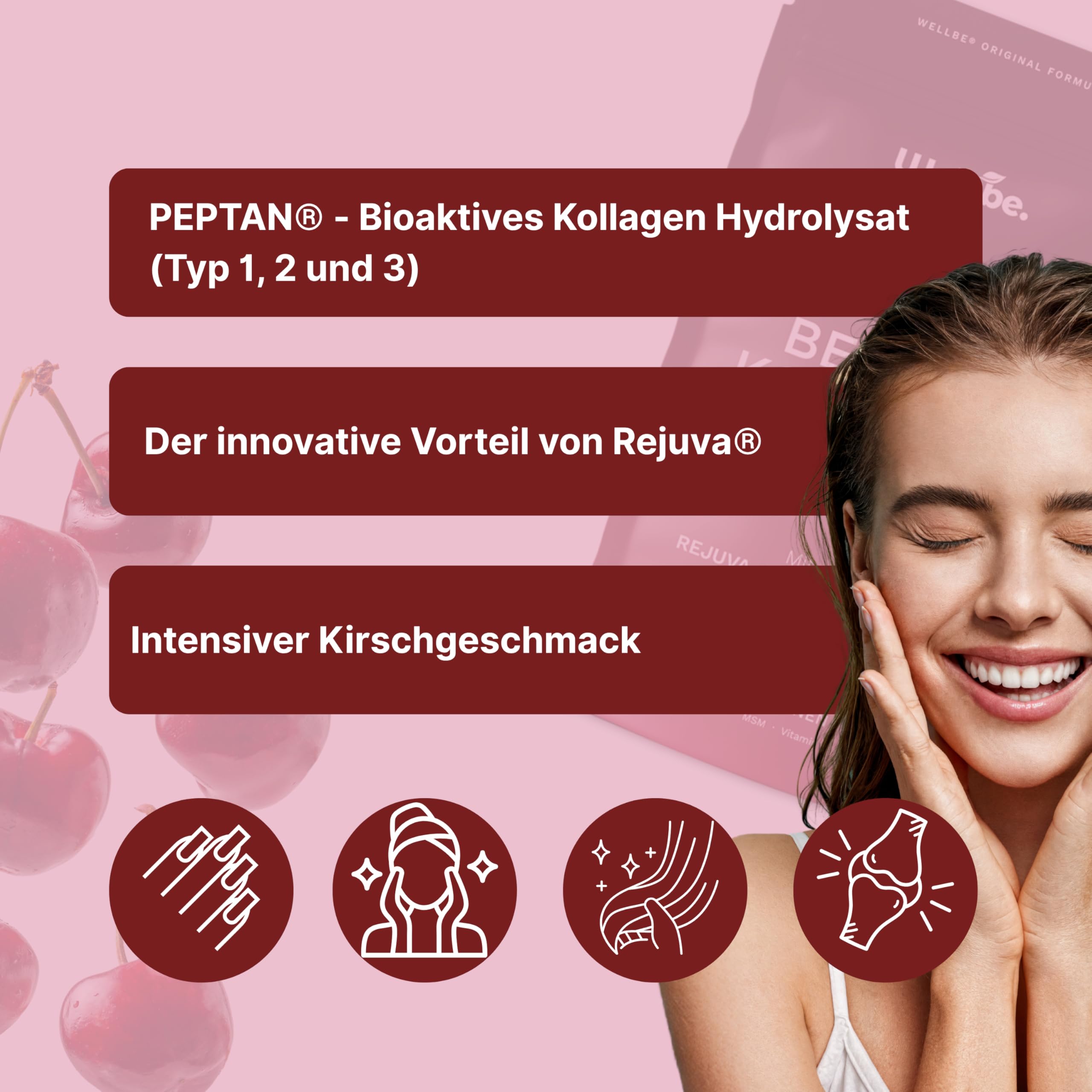 Wellbe Kollagen Pulver Kirsche - hochdosiert mit maximal bioaktivem Kollagen Hydrolysat, Biotin, Zink, Vitamin C & Hyaluron - Collagen Pulver - Kollagenpulver Peptide Made in Germany 3x250g
