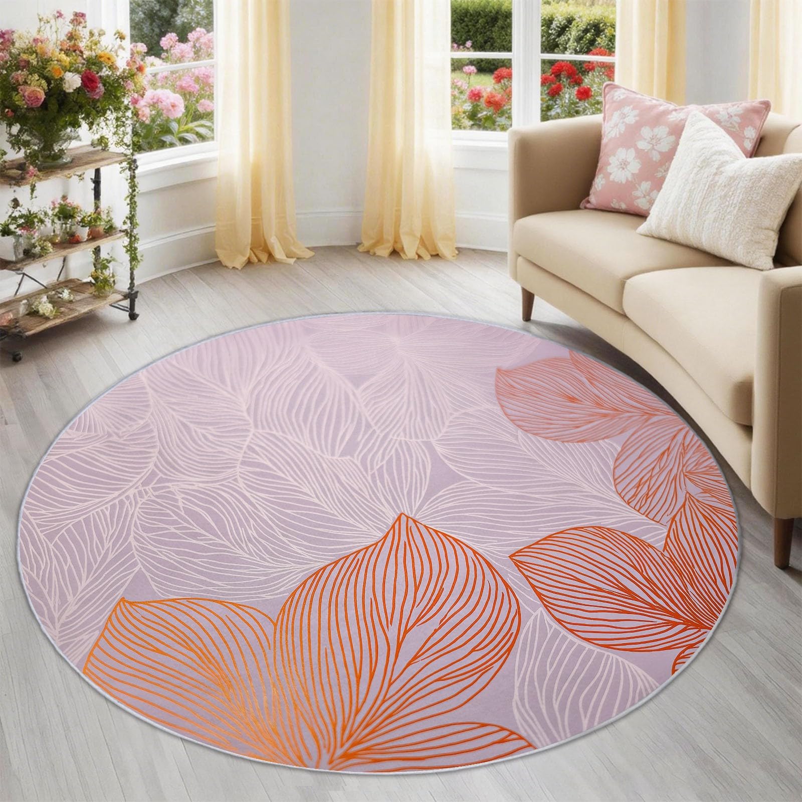Rose Tapis Rond Lavable en Machine, Nature Minimaliste Anti Slip Tapis