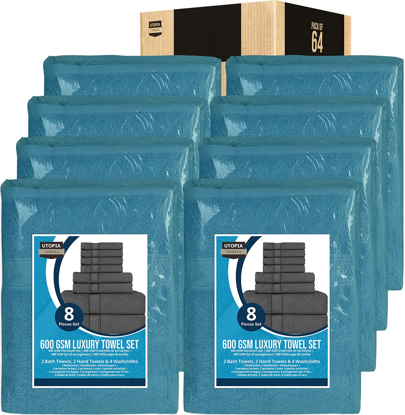 Utopia Towels 64 Piece Towel Set - 16 Bath Towels, 16 Hand Towels and 32 Washcloths Cotton Hotel Quality Super Soft and Highly Absorbent (Turquoise)