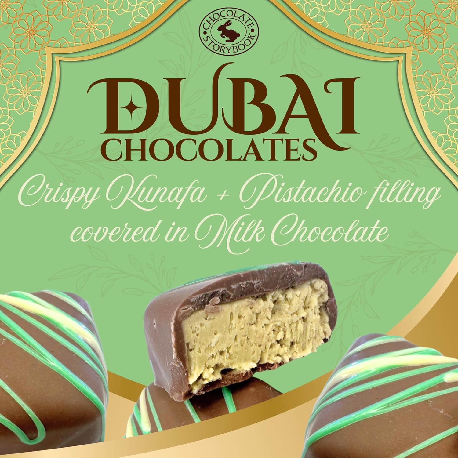 Dubai Chocolates Gold Gif Box – Crispy Kunafa & Pistachio Filled Gourmet Chocolates in Milk Chocolate (15 Piece)