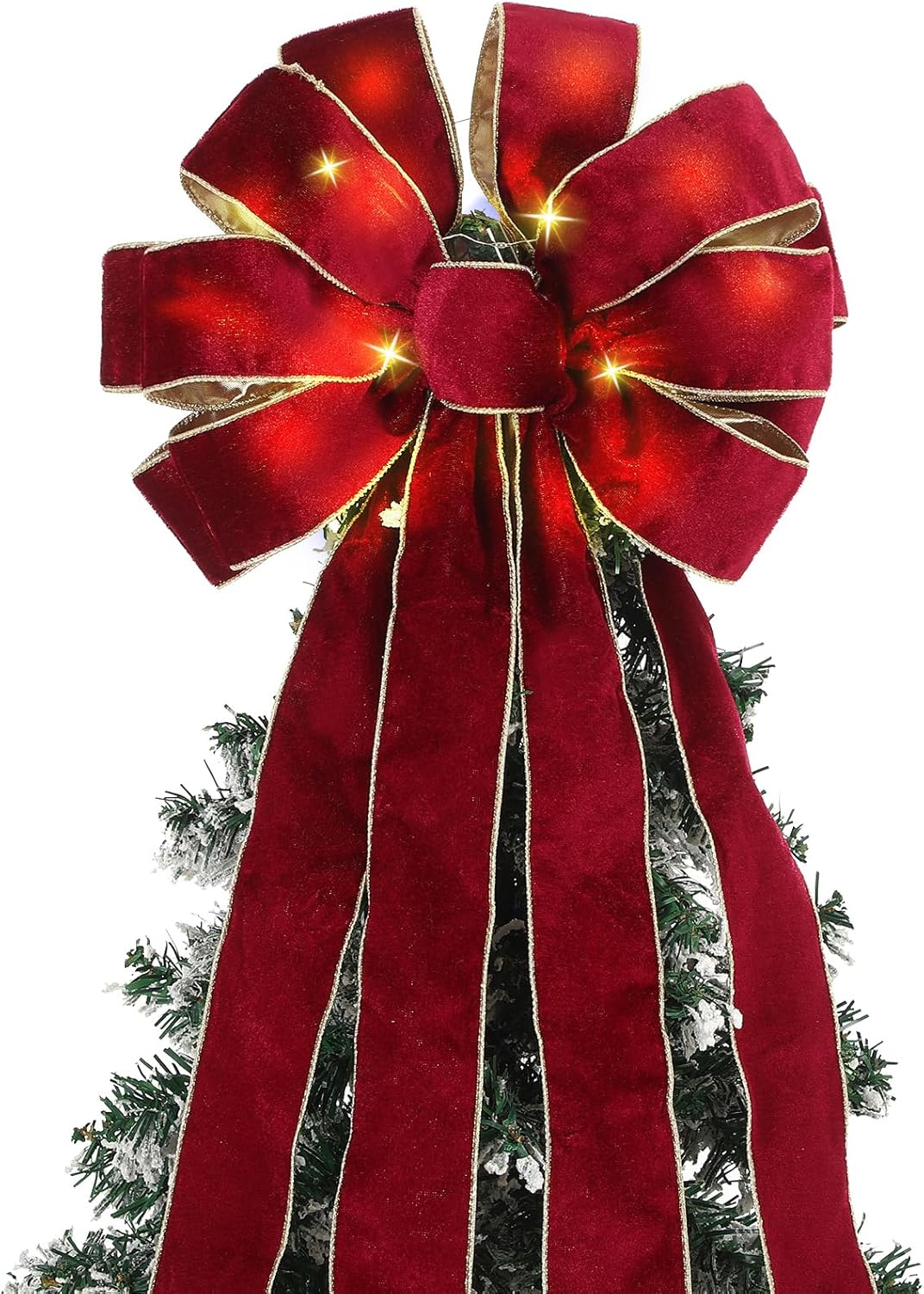 Soulchen Velvet Large Christmas Tree Topper Bow 12.6 x 118 Inch Lighted up Double Side Velvet Christmas Bow with 4 x 3 Yards Ribbon Streamers for Holiday Xmas Tree Party Decoration (Burgundy)