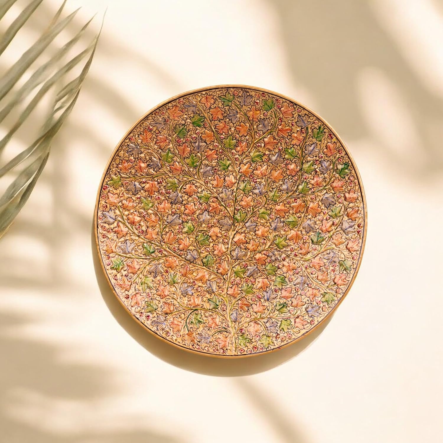 NATRIEL Handcrafted Papier Mache Wall Plate, Papeir Mache Handmade Handpainted Leaf chinar work Wall Plates for Decor Made from Eco Friendly Paper pulp Sustainable (Multi Gold)