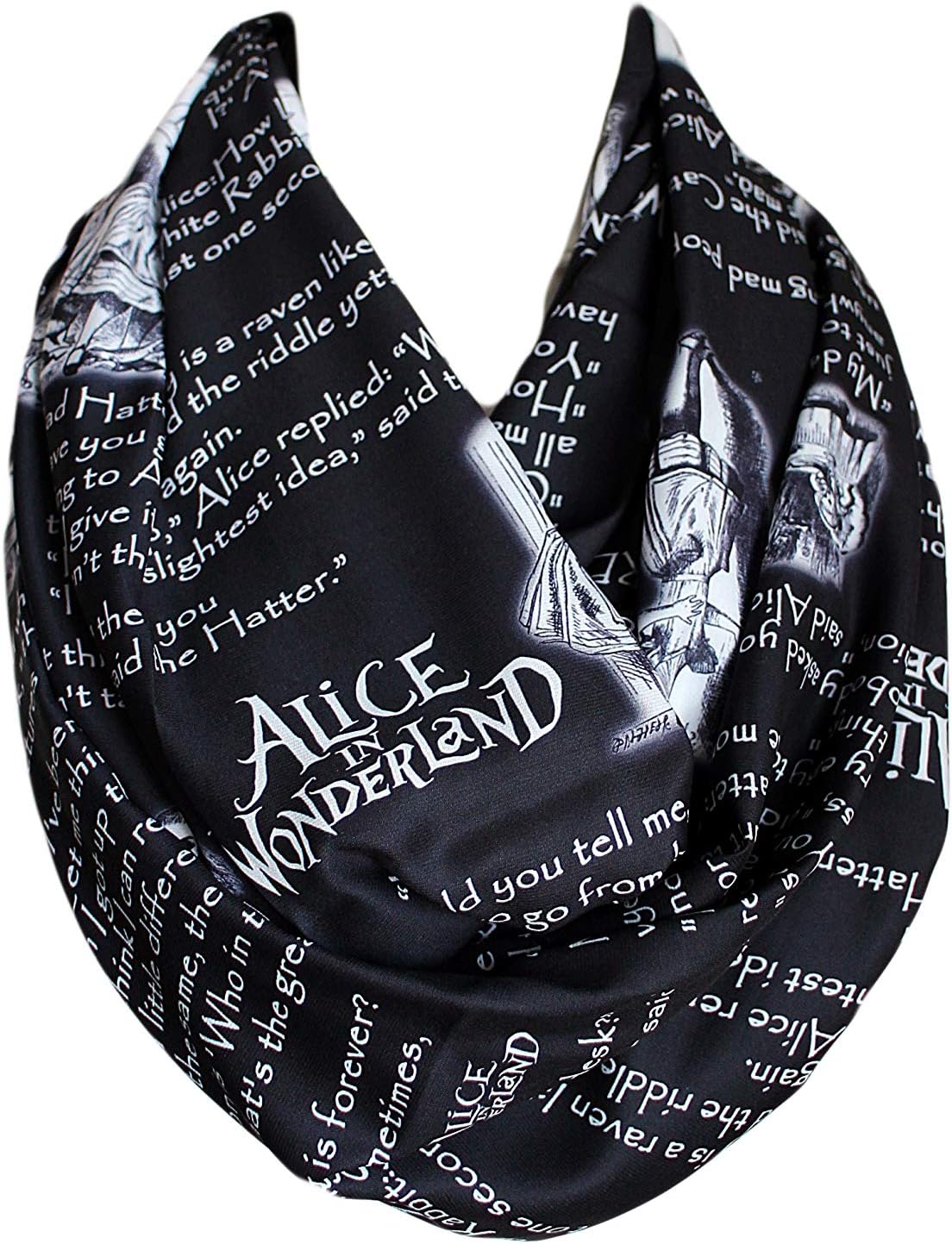 Etwoa's Lewis Carroll Alice in Wonderland Book Scarf Quotes Black Infinity Scarf