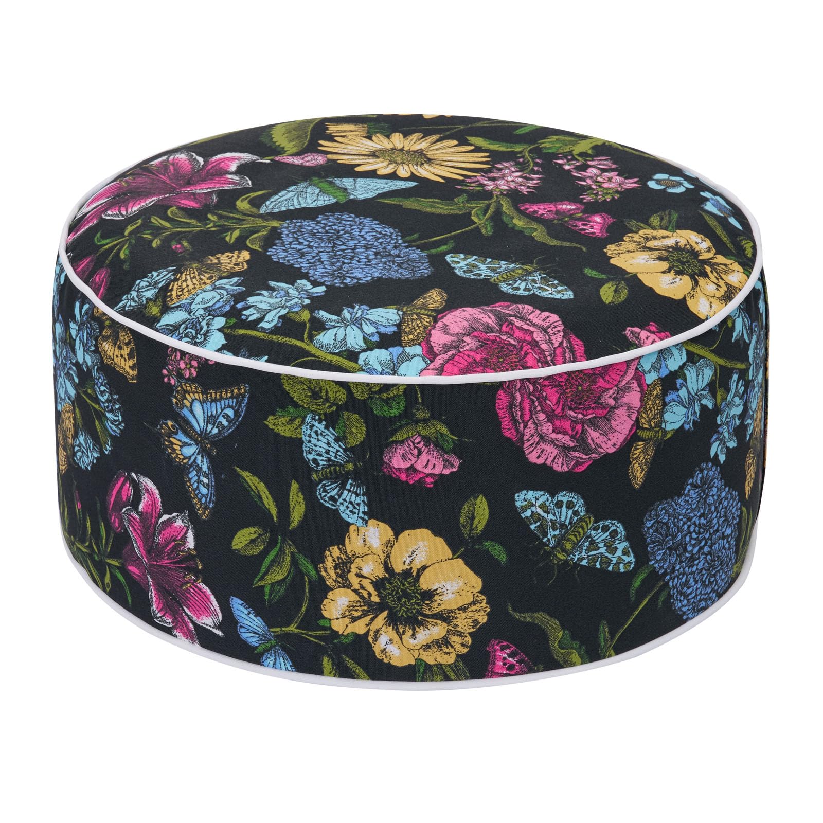 IN4 Care Outdoor/Indoor Inflatable Ottoman Pouf D20 xH9,All Weather Round Footstool with Foot Pump, Water Repellent Portable Footrest with Handle for Patio Garden Camping Travel-Black Butterfly Flower — image 1