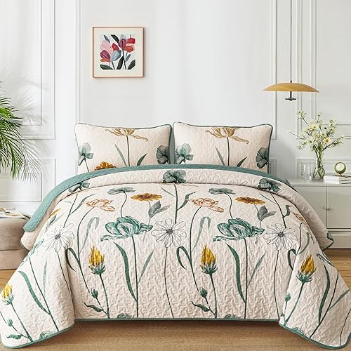 WONGS BEDDING Floral Quilt Set King,Green Yellow Printed Botanical Bedspread Bedding Set with 2 Pillowcase,Spring Summer Lightweight Farmhouse Coverlet Set for All Season (104"x90")