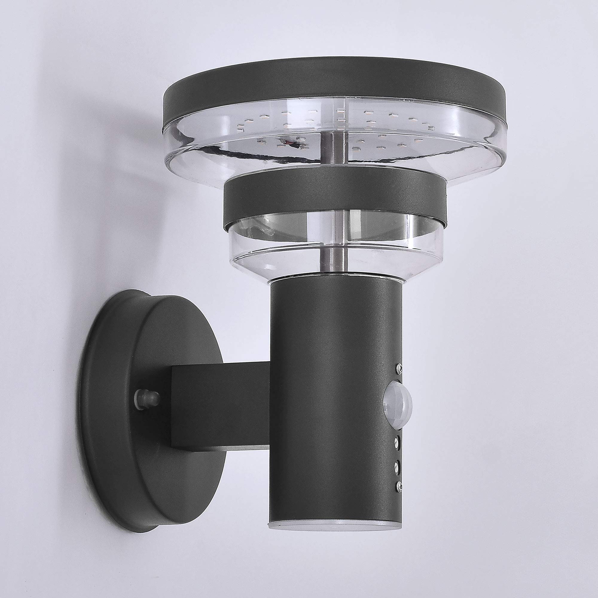 Maxkomfort LED Außenwandleuchte 313A1 Anthrazit mit Bewegungsmelder – Edelstahl Wandlampe 9W, 3000K warmweiß, IP44, 530lm, 230V, Sensor mit Zeit- & Dämmerungseinstellung