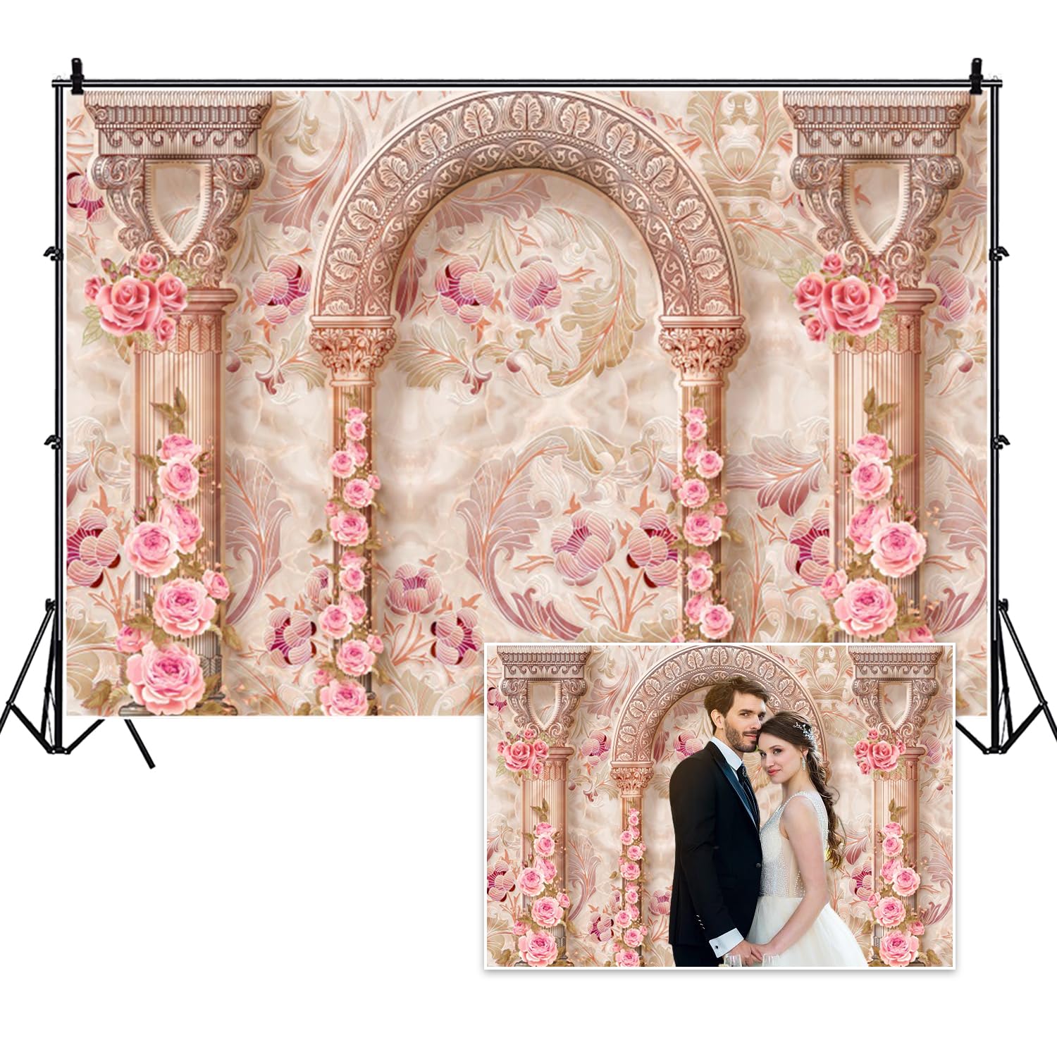Vie Savaran 5x3ft Vintage Palace Wall Backdrop Pink Roses Flowers Mural On The Pillar Floral Wedding Photography Background for Valentine's Day