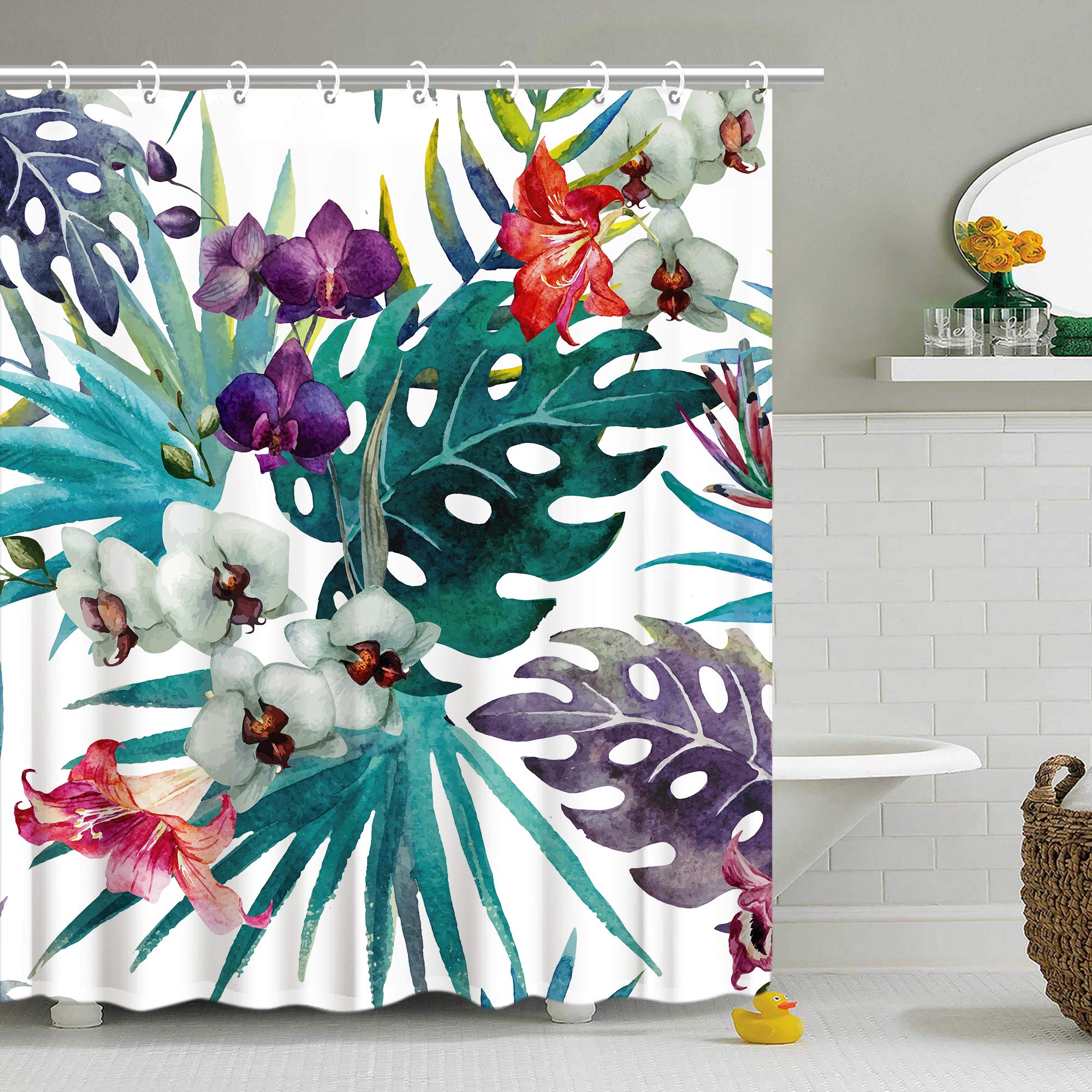 RosieLily Floral Shower Curtain Sets, Waterproof Fabric Polyester Bath Curtain, Tropical Palm Leaf with Flowers Shower Curtain, 72" W x 72" H