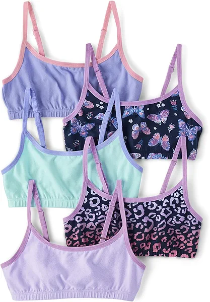 The Children's Place,Cotton Bralette Adjustable Strap 5-Pack,BRIGHT PINK | CAPRI BLUE | COOL FLIES_TIDAL | DAY DREAMER | LOVELY LAVENDER | OMBRE LEOPARD_TIDAL,XLarge (14)