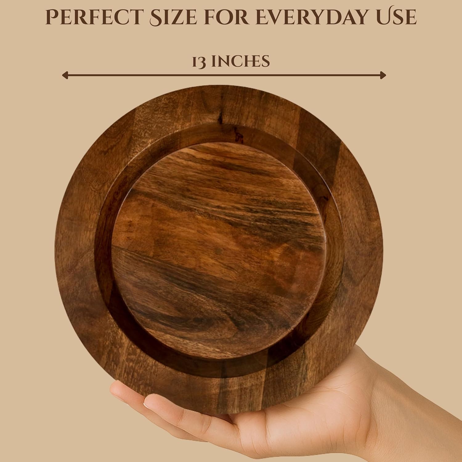 CLEENTABLE Wooden Chargers Plates Set of 2-13" Serving Dinner Plate for Weddings, Parties, Rustic Table Decor, Indoor Outdoor Dining - Lightweight Round Appetizer Plates (Walnut)