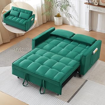 3 in 1 Pull Out Couch,Convertible Sleeper Sofa Bed, Futon Loveseat Couch with Pull-Out Bed & Adjustable Backrest Velvet Sofa with Side Pocket for Small Apartment, Bedroom Velvet-Green, 55 ", 2