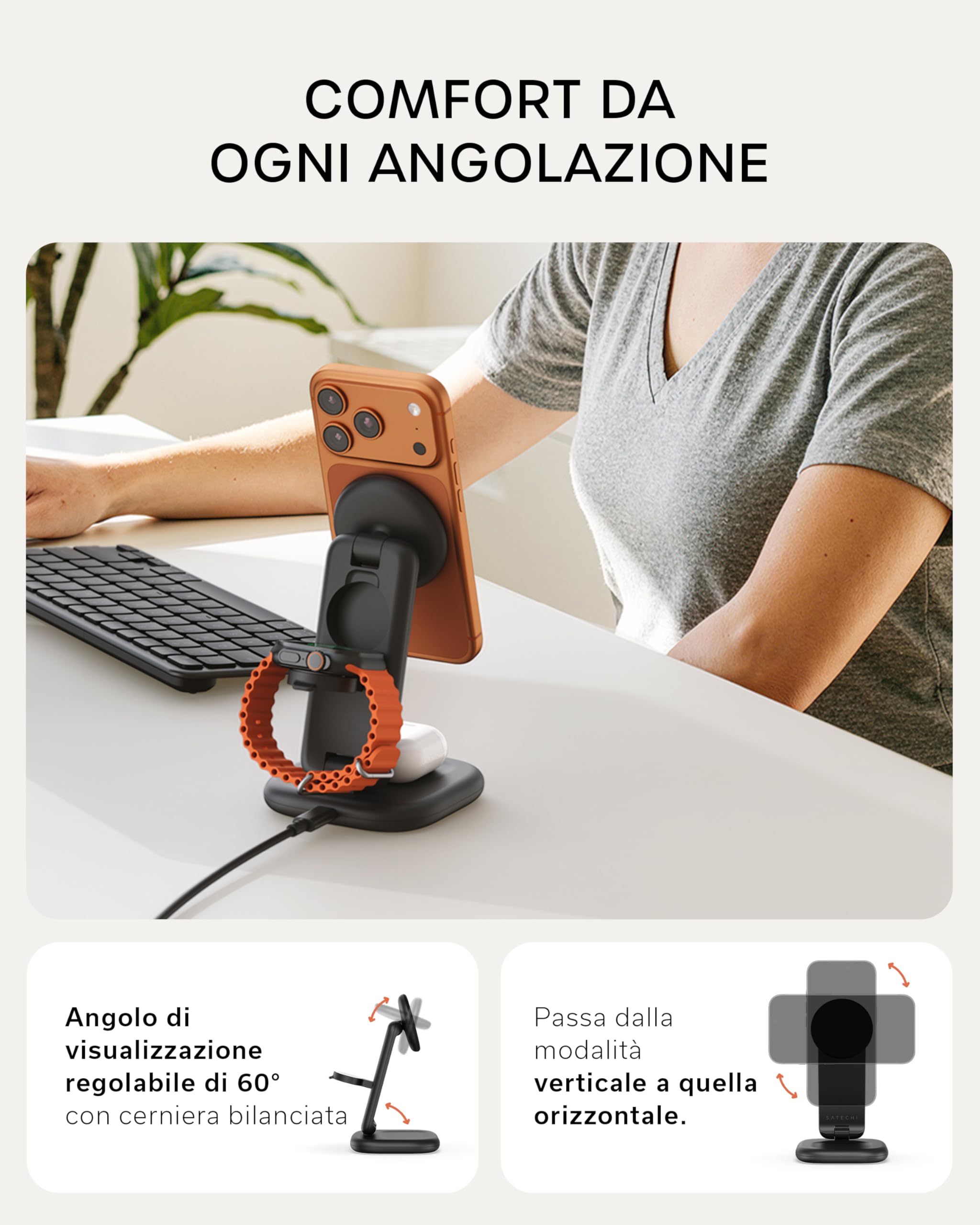 SATECHI Caricatore Magnetico Qi2 3 in 1 Pieghevole, 25W, Nero Siderale | 45W adattatore USB-C incluso, per iPhone 17, Apple Watch Series 11, AirPods