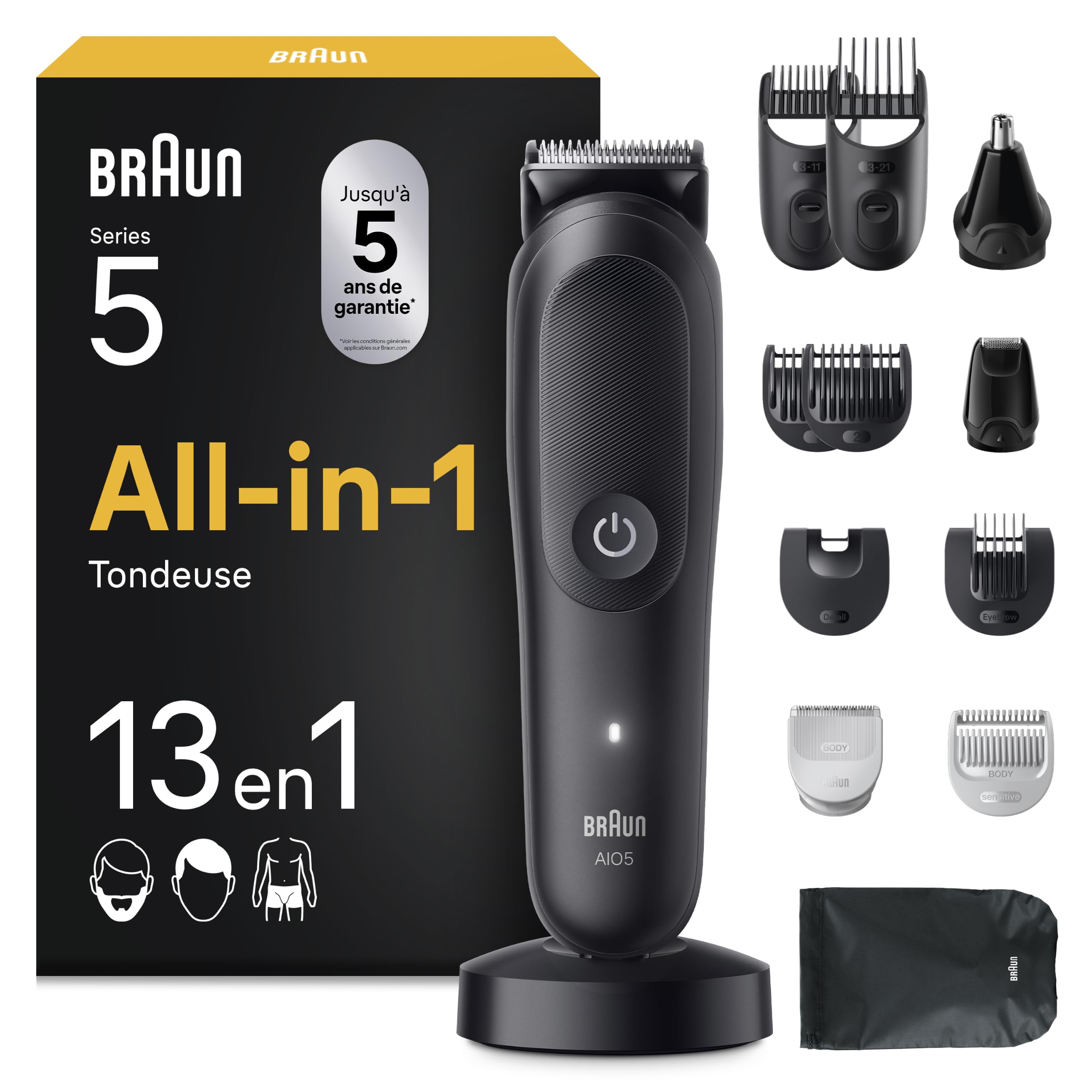 Braun Series 5 AIO5565 Tondeuse Electrique Homme 13-en-1 Noire Etanche Batterie Rechargeable Lame Ultra Affutée Coffret 8 Sabots