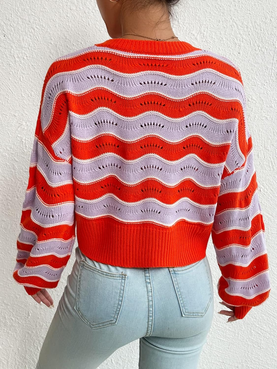 Women's Sweater Chevron Pattern Drop Shoulder Pointelle Knit Sweater Sweater for Women (Color : Orange, Size : Medium)