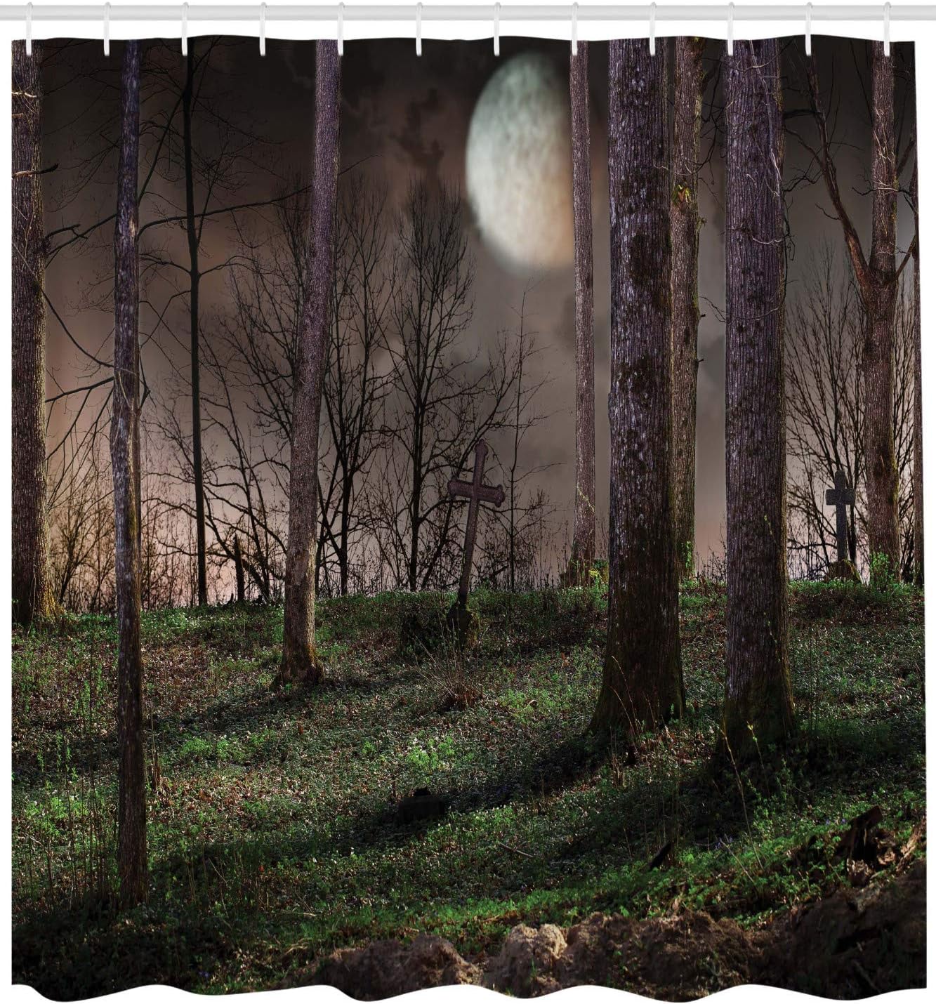 Ambesonne Gothic Shower Curtain, Dark Night in The Forest with Full Moon Horror Theme Grunge Style Halloween, Cloth Fabric Bathroom Decor Set with Hooks, 69" W x 84" L, Yellow Brown