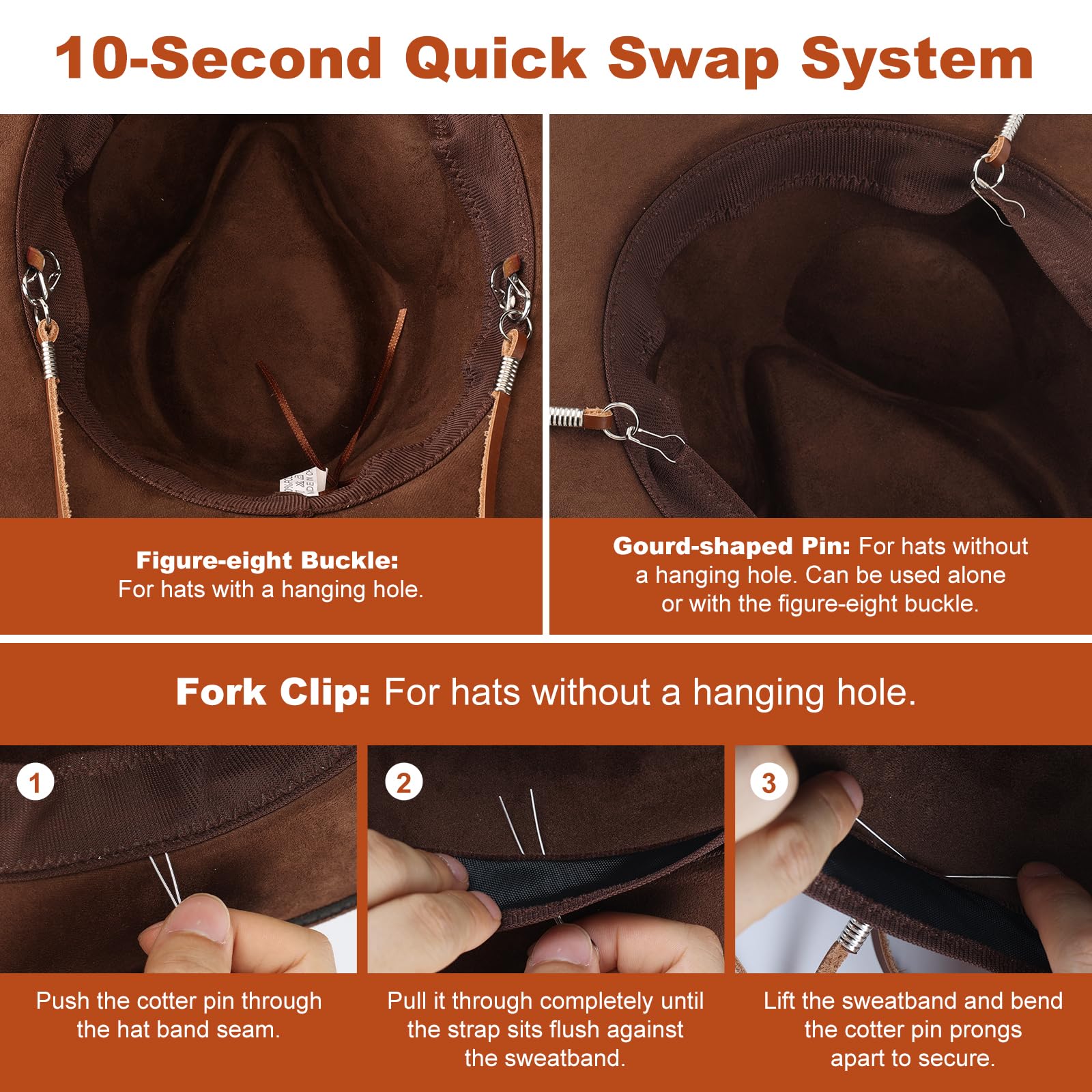 Sottogola in vera pelle, regolabile, con clip in metallo, antivento, per cappelli da cowboy, equitazione, escursionismo, attività all'aperto