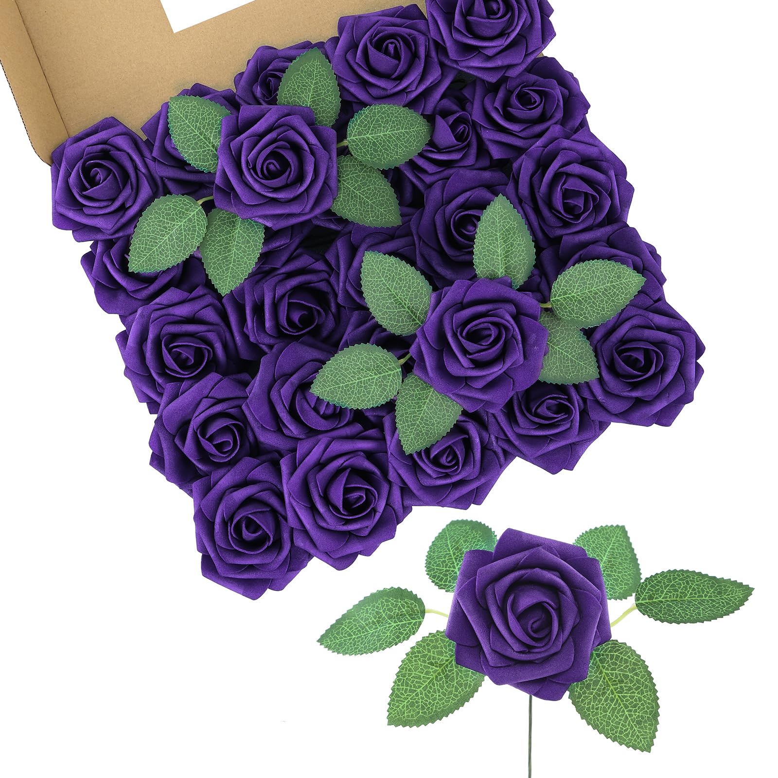 DuHouse 50Pcs Artificial Roses Flowers Fake Roses with Stems Real Touch Foam Flowers for DIY Wedding Bouquet Centerpiece Floral Arrangement Party Home Decor (Dark Purple) — image 1