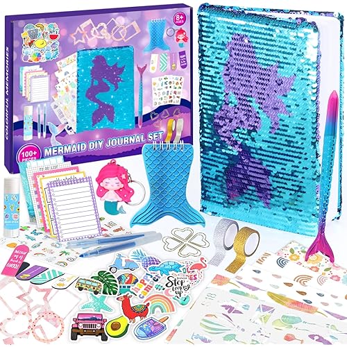Mermaid DIY Journal Kit for Girls, 100+PCS Sequin Personalized Scrapbook & Diary Supplies Set, Gifts Ideas for Girls Ages 8 9 10 11 12 13 Year Old, Art & Crafts Trendy Stuff for Teen Girls (Purple)