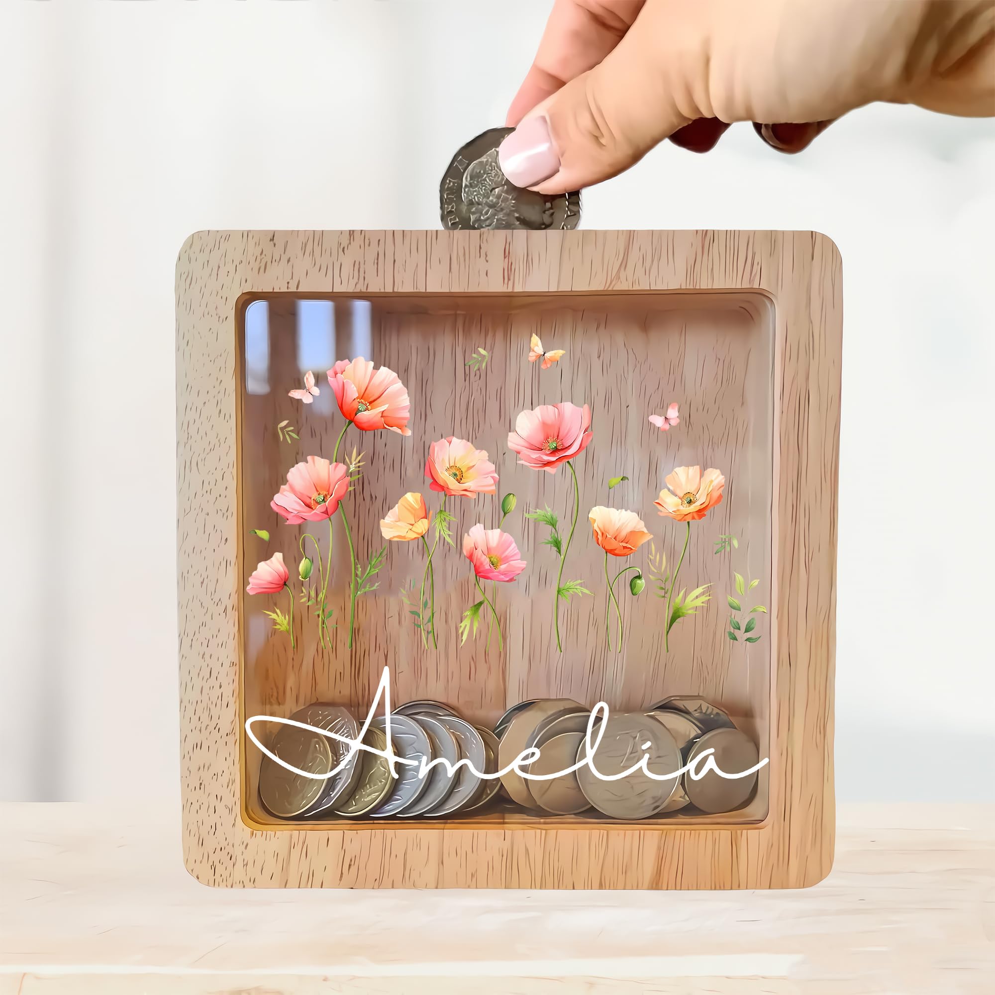 Personalized Piggy Bank, 6.7"x6.7" Wooden Money Banks for Kids, Custom Gifts for Boys and Girls, Personalized Piggy Bank for Girls